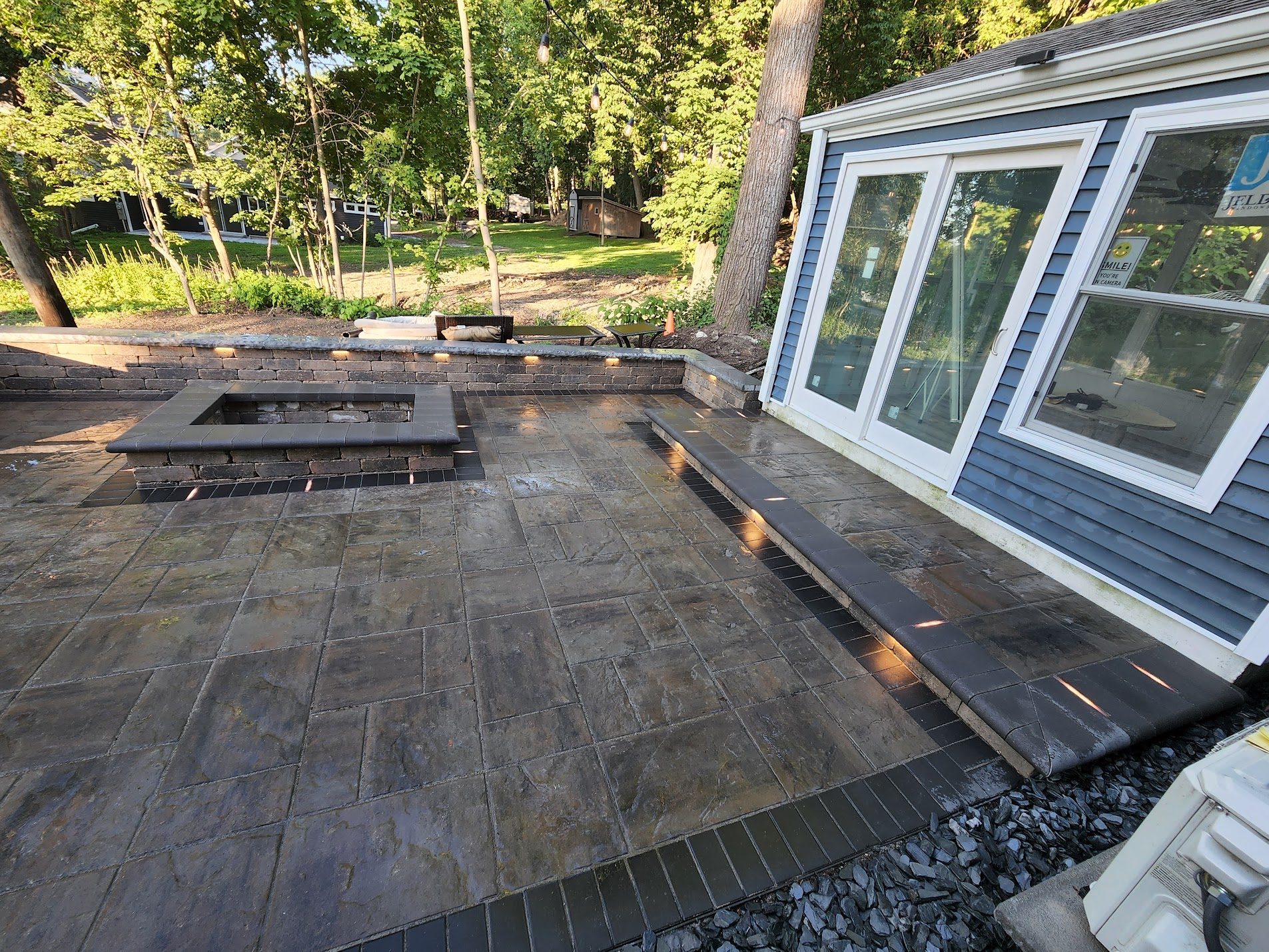 Fire pit seating area at dusk