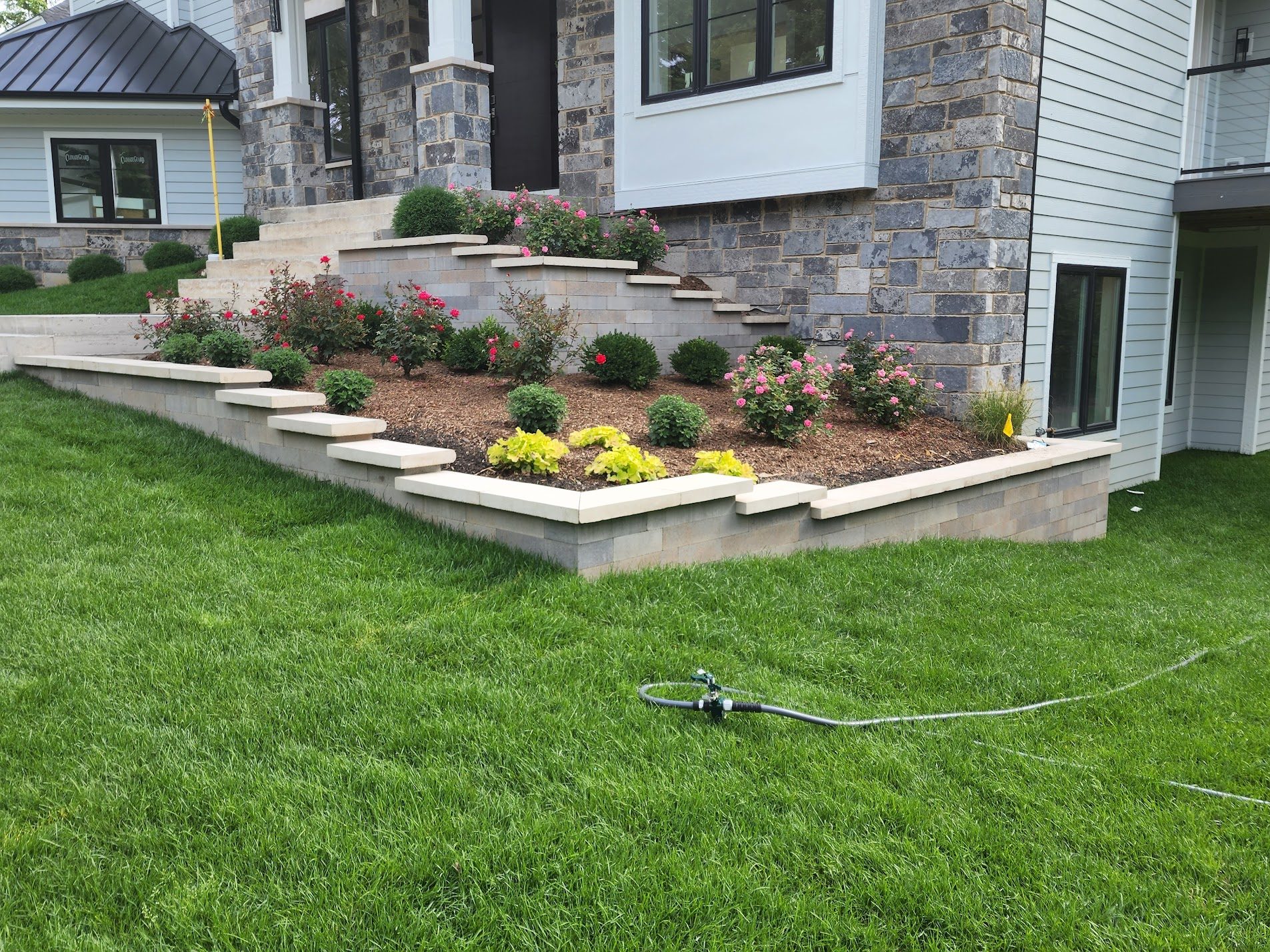 Landscaped front yard with yellow flowers and fresh plantings