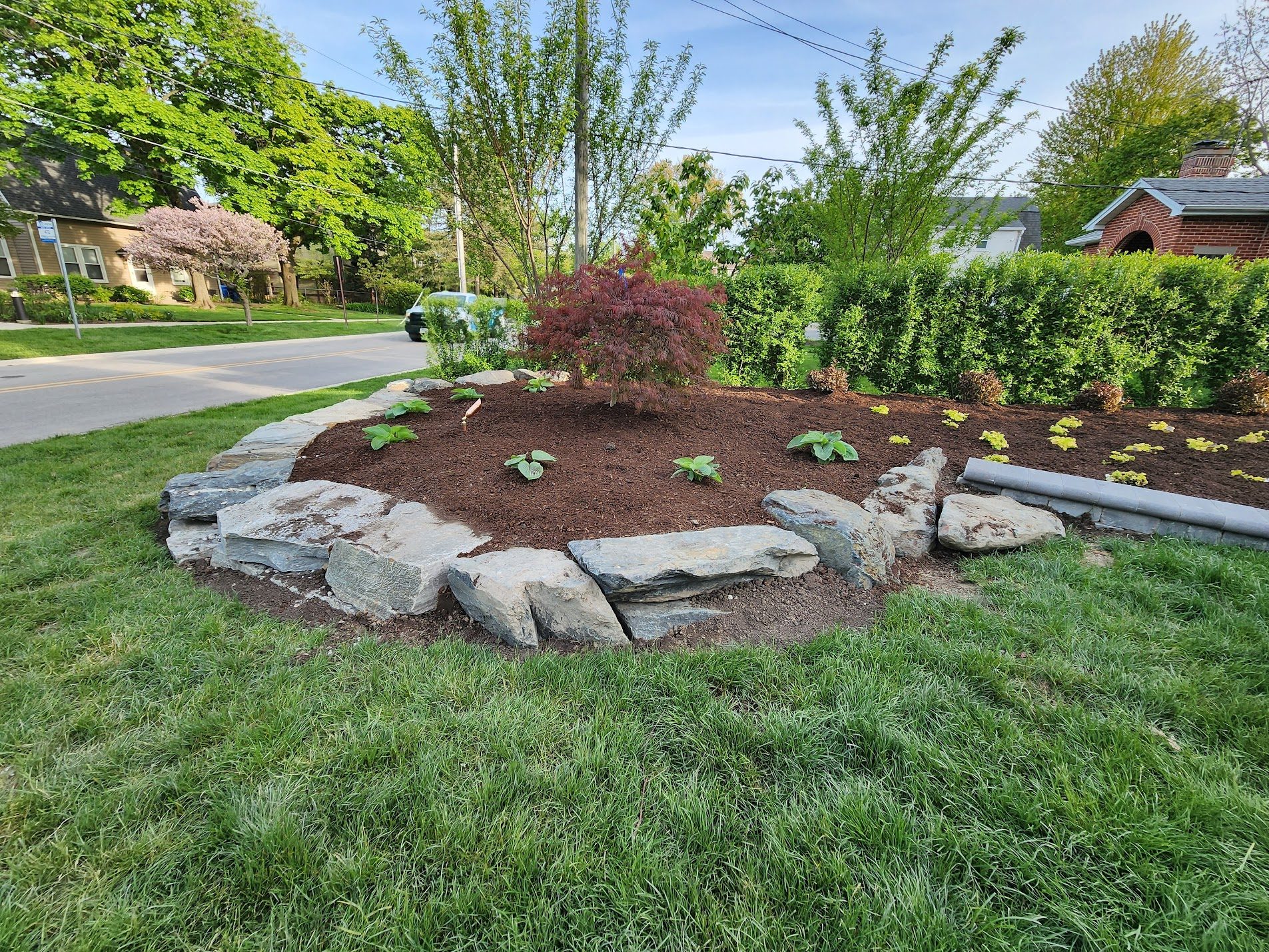 Privacy hedge with decorative rock garden